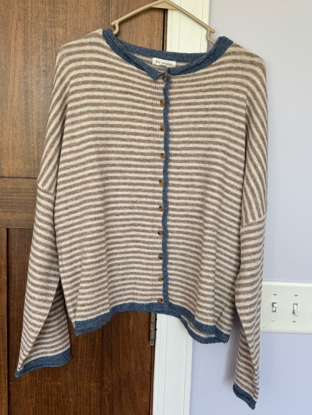 Blu Pepper Striped Button-Front Cardigan in Beige and Blue Trim